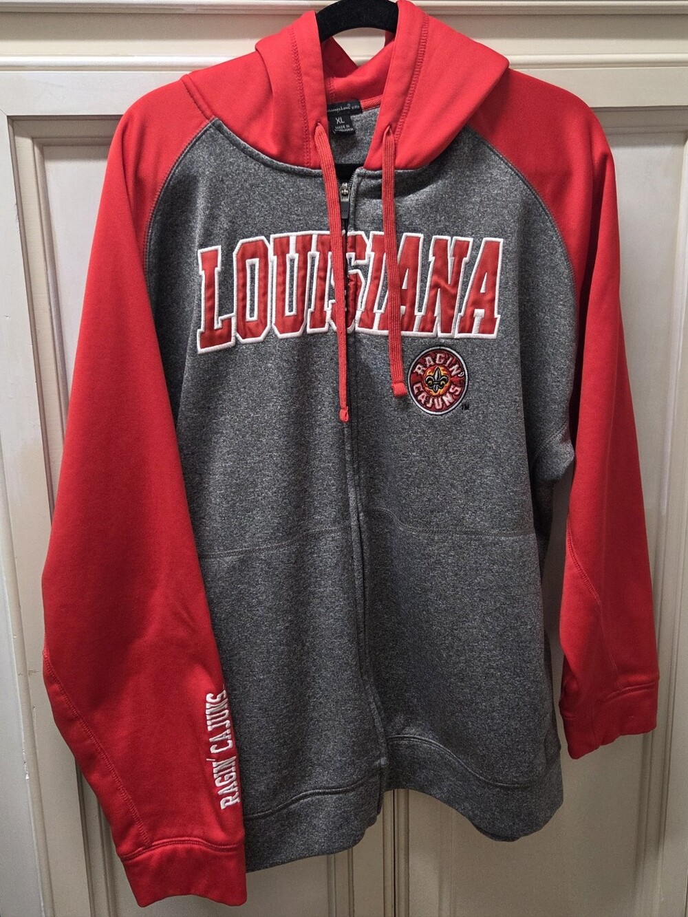 Louisiana Ragin Cajuns Mens Champion Gray Full Zip Hoodie with Red Hood Size XL